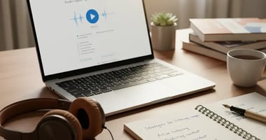 A teacher's desk with a laptop displaying a listening exercise, headphones, and handwritten notes