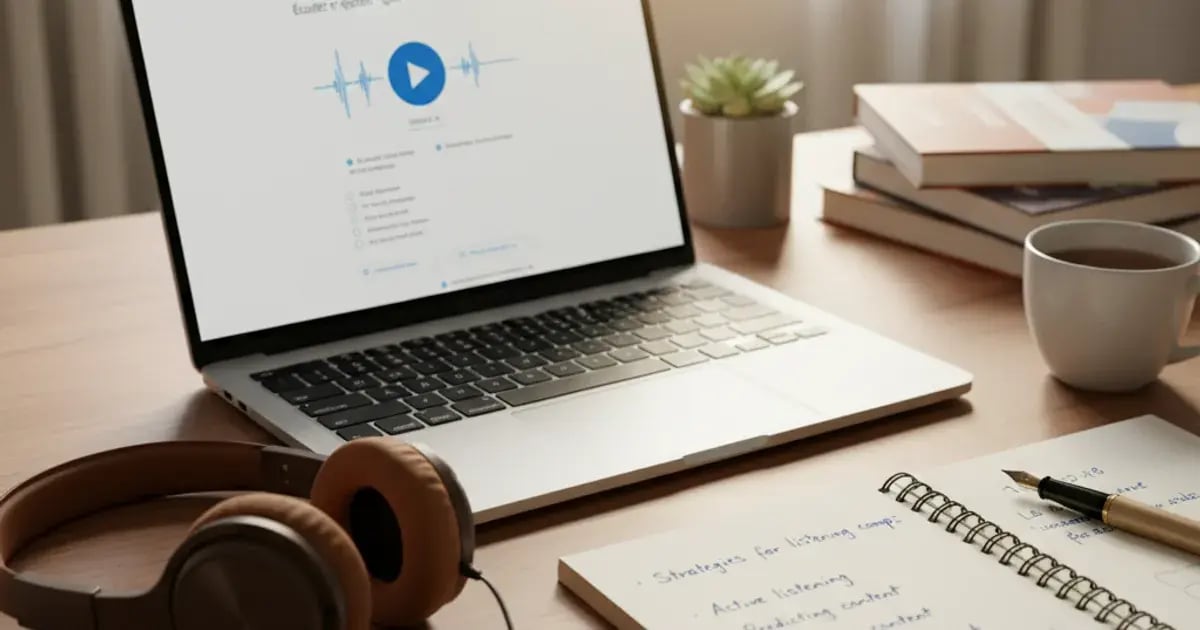 A teacher's desk with a laptop displaying a listening exercise, headphones, and handwritten notes
