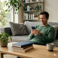 Adult language learner practicing on their smartphone while a textbooks sit unused nearby — illustrating the shift from traditional homework to bite-sized mobile practice