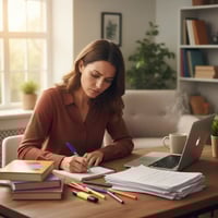 Language teacher writing lesson notes at a desk covered with textbooks, worksheets, and colored pens