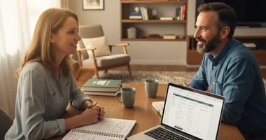 A language tutor and adult learner working together at a desk with a notebook and laptop showing exercises.
