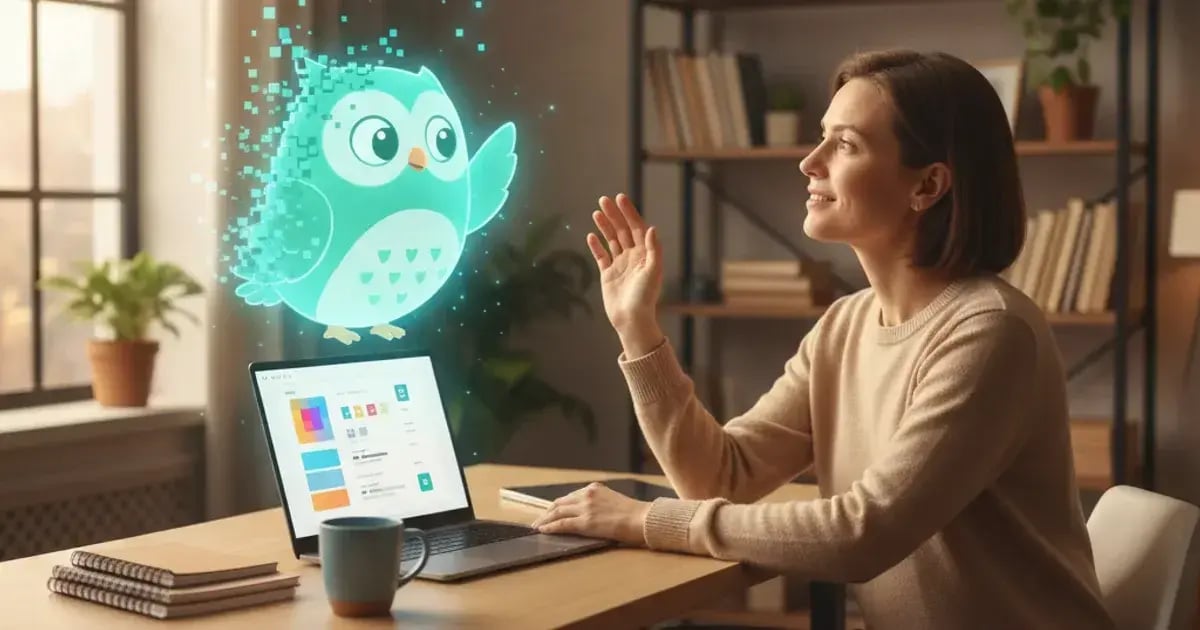 A language teacher waves goodbye to a holographic Duolingo owl mascot dissolving into pixels above her laptop in a softly lit home office.