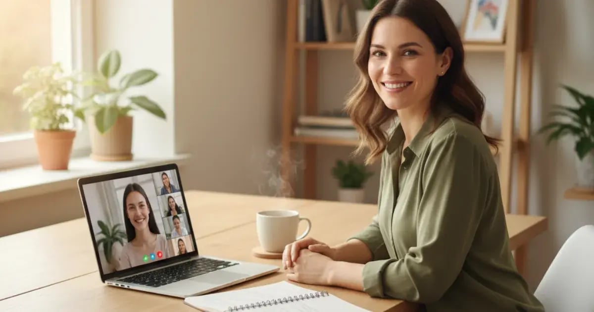 A freelance language teacher working from home with a laptop and coffee