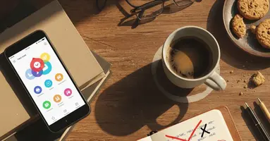 A desktop seen from above with notes, coffee and a phone, giving the impression of somebody studying