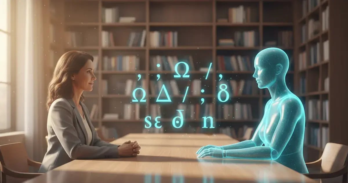 A human language teacher sits across a long library table from a translucent cyan AI hologram, both facing each other in profile. Floating language symbols and IPA marks hover between them. Bookshelves fill the background, with soft window light from the left.
