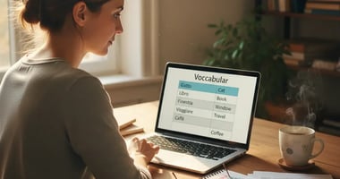 Language teacher reviewing a profession-specific AI-generated vocabulary list on a laptop, surrounded by language learning materials