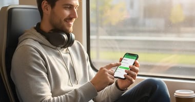 Language learner doing a vocabulary exercise on their phone during a commute