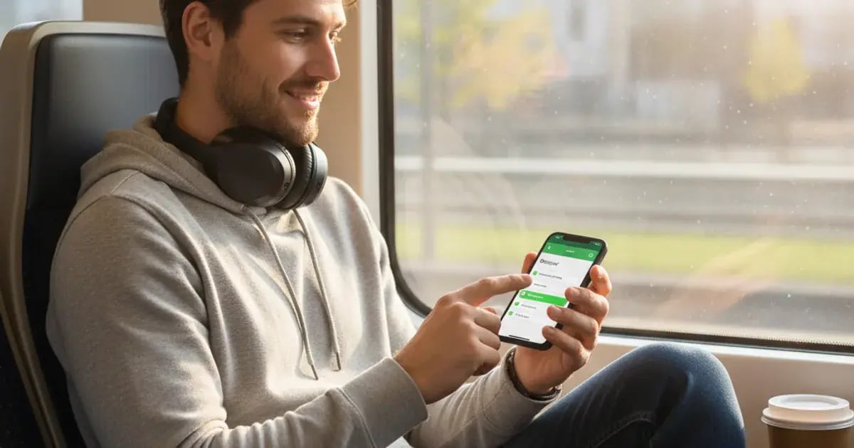 Language learner doing a vocabulary exercise on their phone during a commute