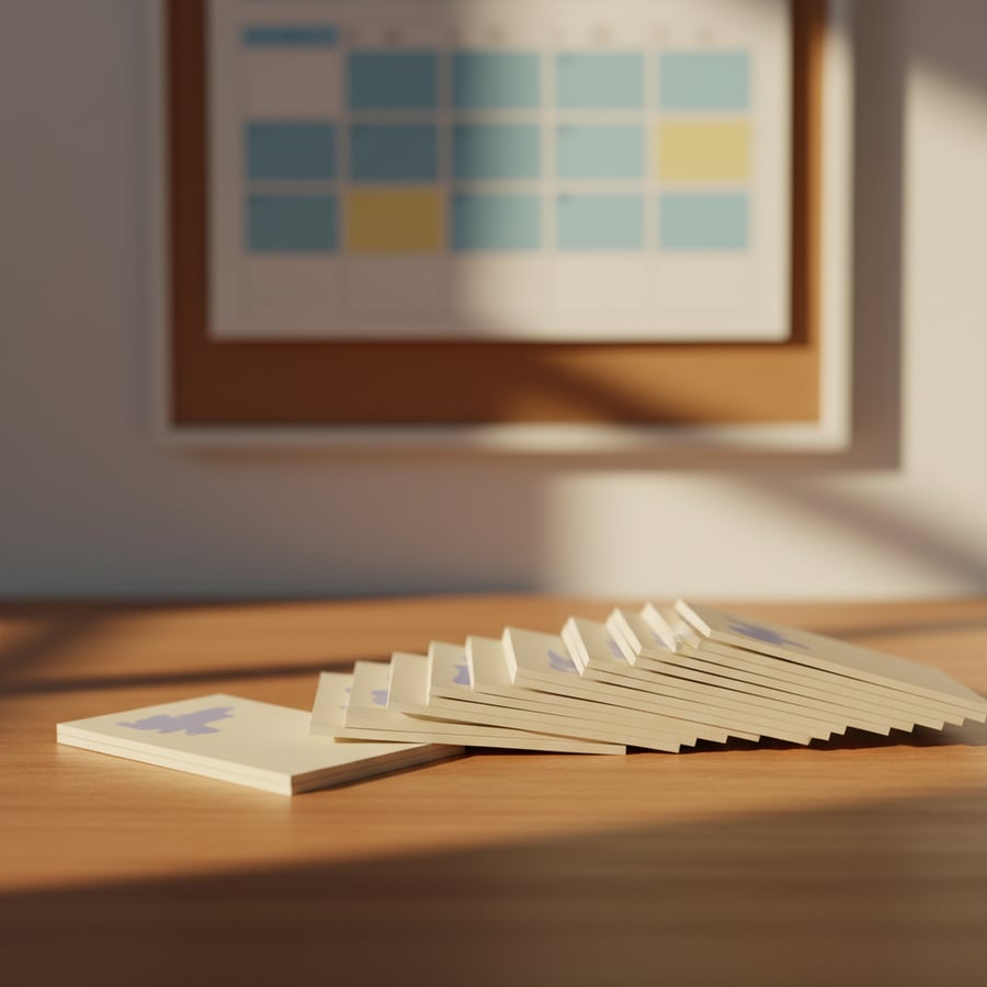 Flashcards spread on a desk representing a spaced vocabulary review schedule