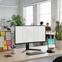 Developer workspace with mobile app wireframes on screen and language learning app on tablet