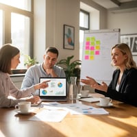 Team of three colleagues discussing app feedback around a conference table with laptop and sticky notes
