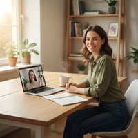 A freelance language teacher working from home with a laptop and coffee