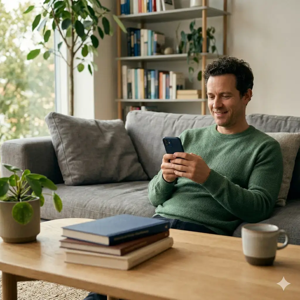Adult language learner practicing on their smartphone while a textbooks sit unused nearby — illustrating the shift from traditional homework to bite-sized mobile practice