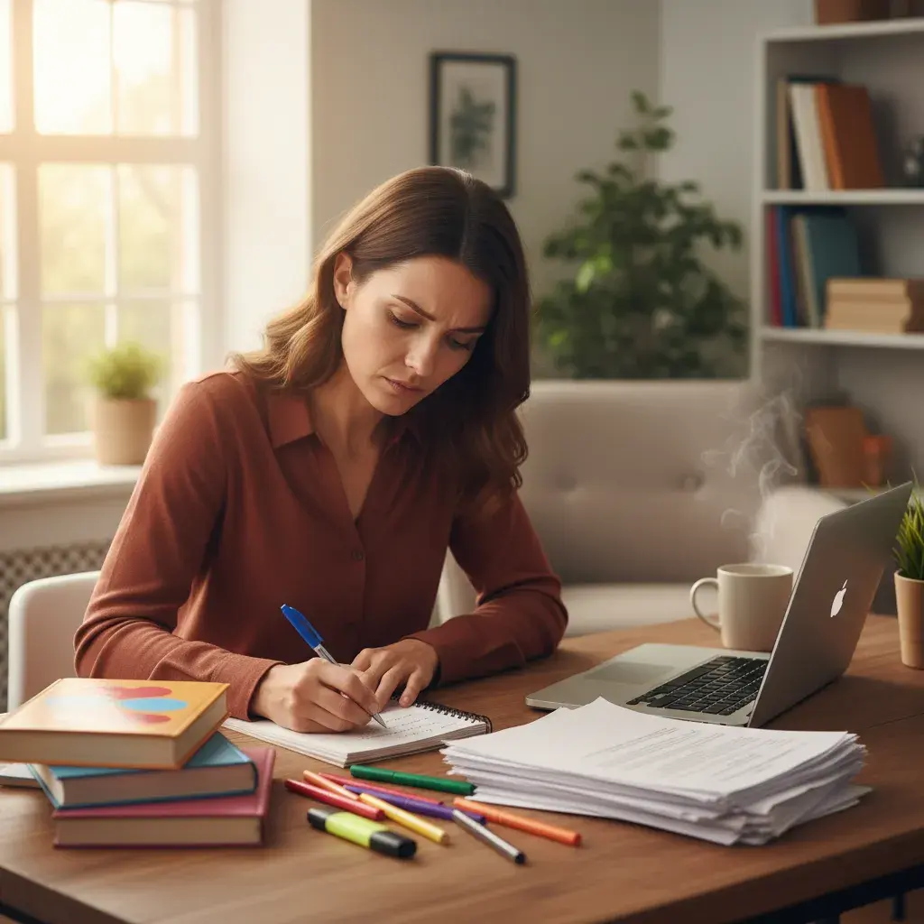 Language teacher writing lesson notes at a desk covered with textbooks, worksheets, and colored pens