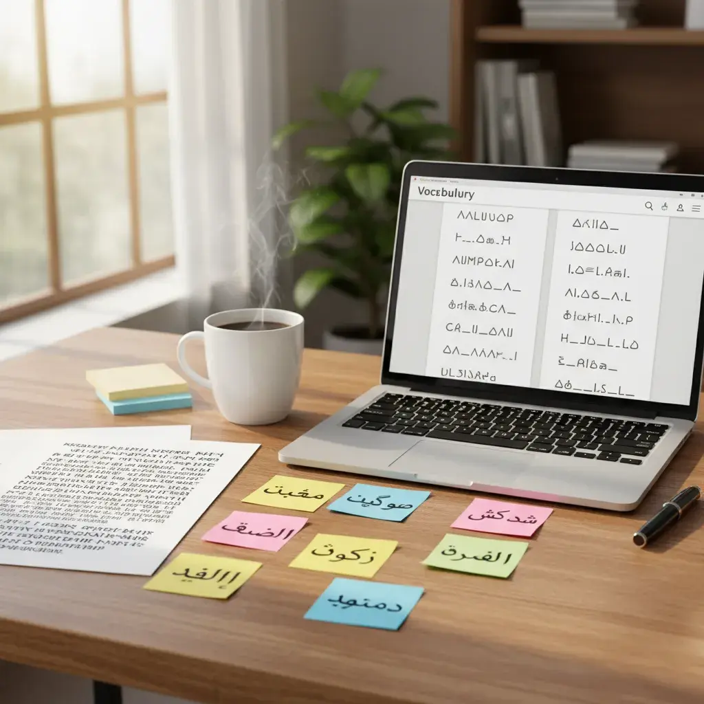 Language teaching desk with vocabulary list on laptop, printed text, and colorful sticky notes showing words in two different scripts