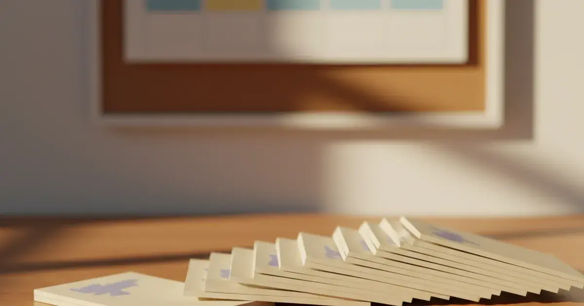 Flashcards spread on a desk representing a spaced vocabulary review schedule