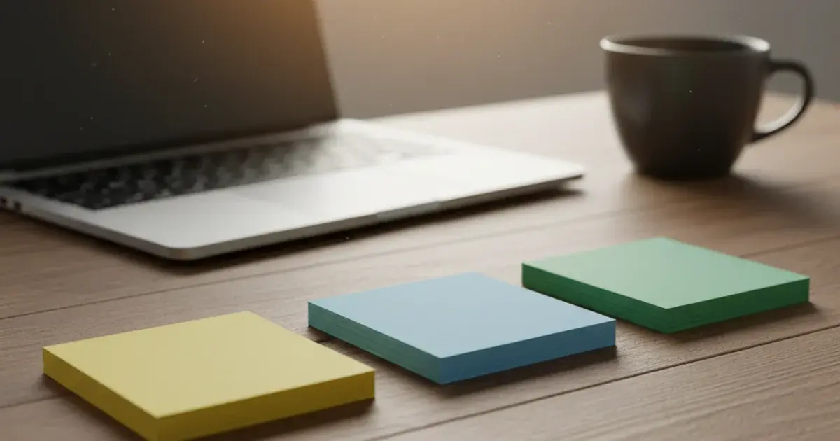 A teacher's desk with three stacks of colored vocabulary cards, a laptop and a coffee mug