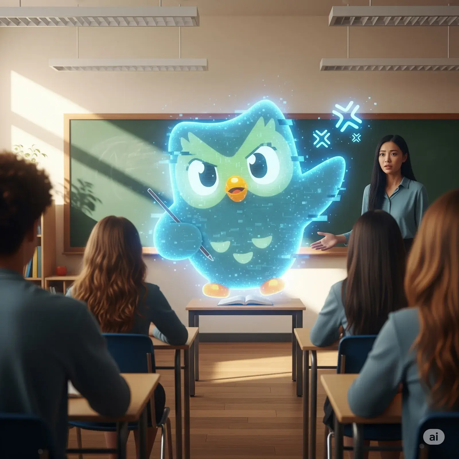 An angry Duolingo on the desk in a classroom and a worried teacher in the background