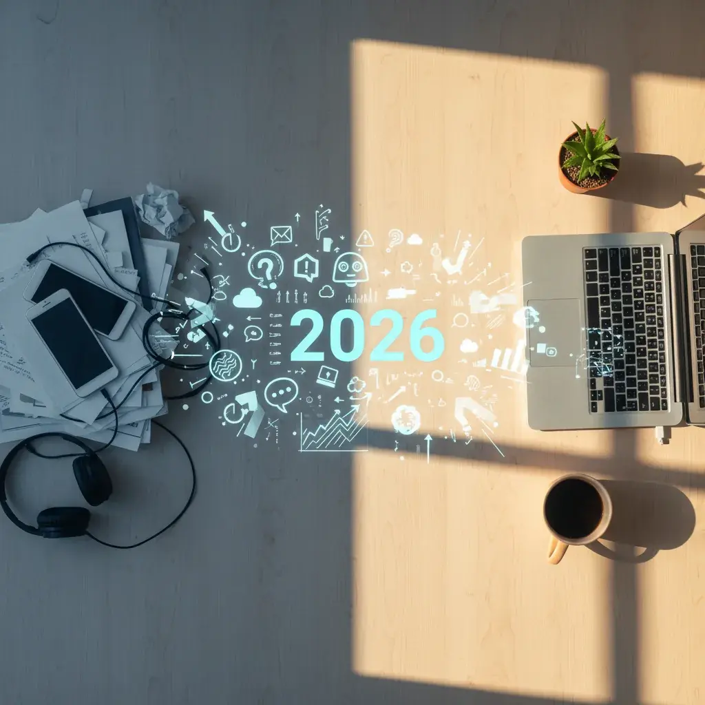 Top-down split desk contrasting chaotic AI hype on one side with a calm, focused workflow on the other, headlined by a '2026' hologram