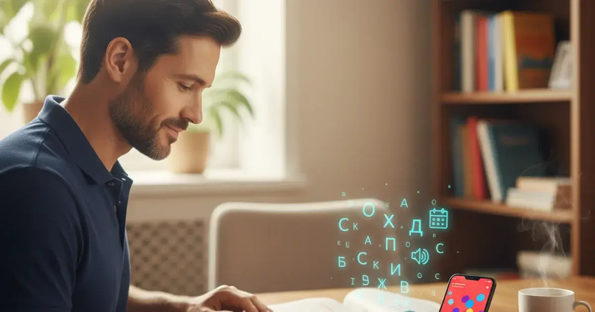 A man at a wooden home-study table looks down at an open language textbook, with a smartphone displaying a red language-learning app and a steaming coffee mug nearby. Floating cyan Cyrillic and Latin letters hover above the desk, suggesting practice across multiple modalities.