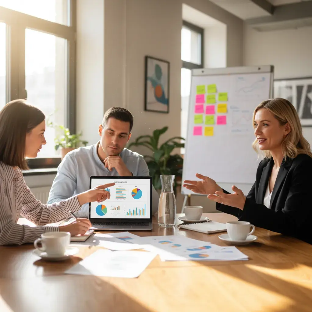 Team of three colleagues discussing app feedback around a conference table with laptop and sticky notes