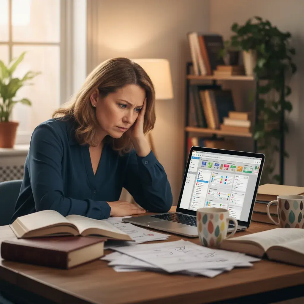 Frustrated language teacher sitting in front of a computer screen showing a complex LMS interface