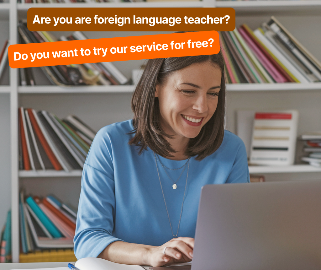 Woman with laptop and text about trying service for free
