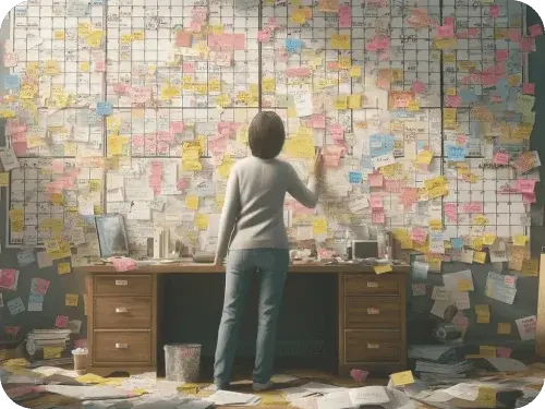 Student standing in front a big board filled with post-its