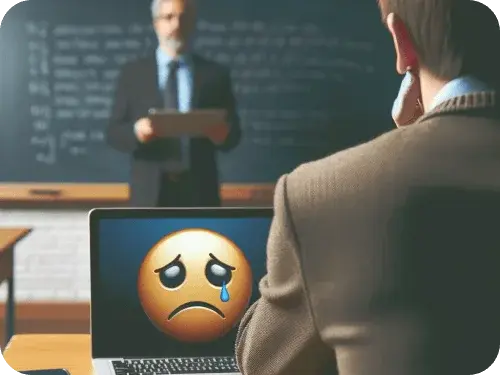 Student and teacher with a laptop in between with a sad smiley