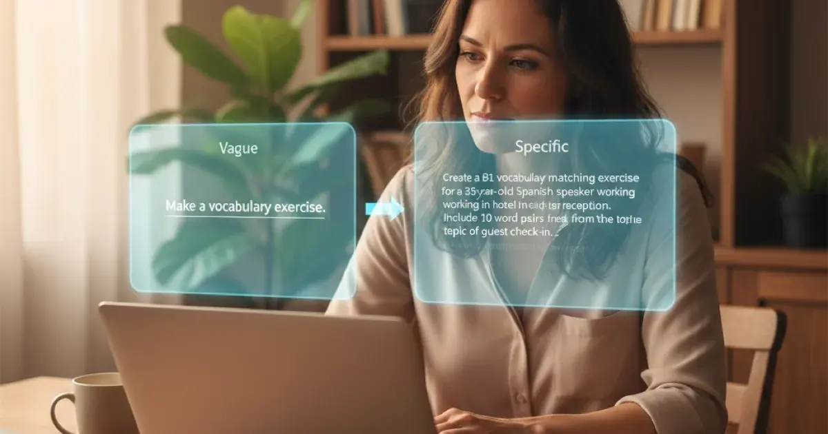 Two holographic prompt panels showing a vague and a specific AI prompt for language teaching
