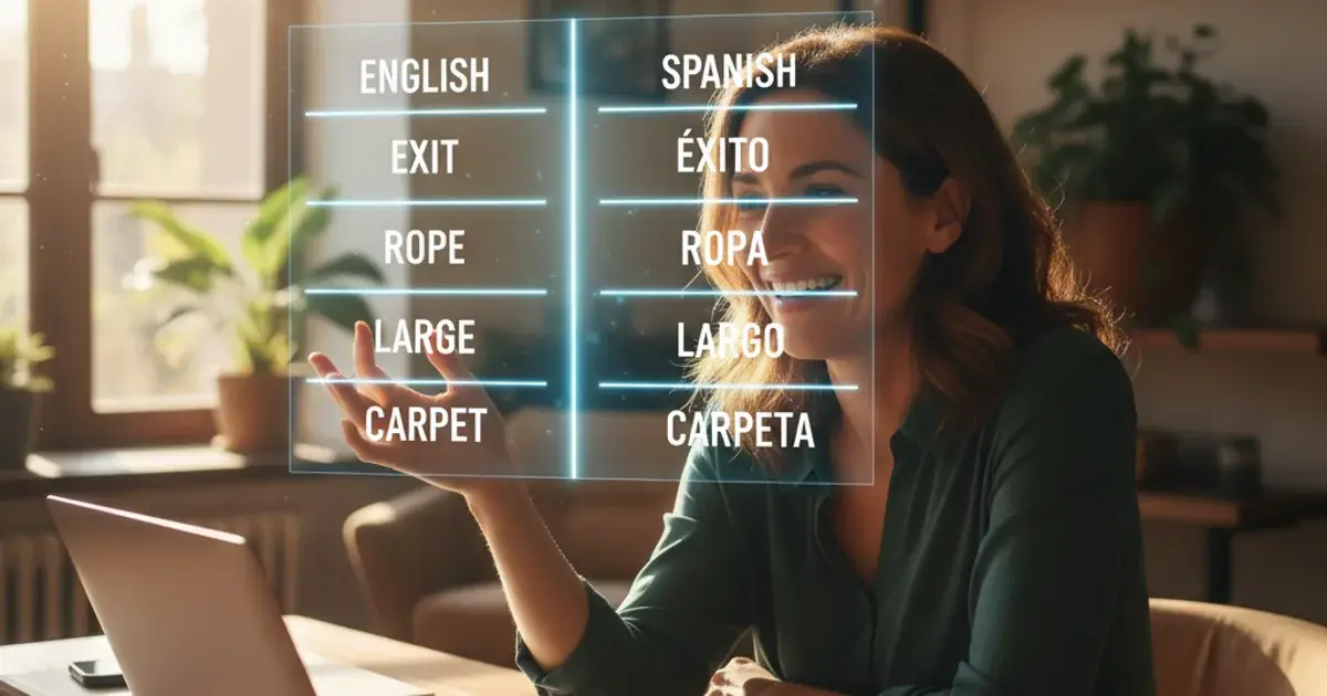 Language teacher at desk reviewing a holographic panel comparing English and Spanish word pairs for contrastive analysis