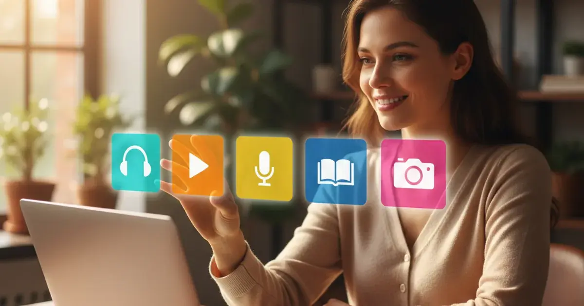 Language teacher at desk reaching toward five colored holographic tool cards representing different categories of AI tools for language teaching