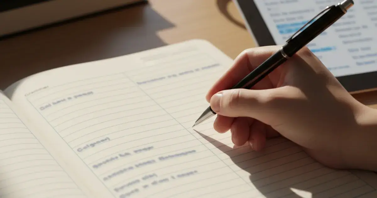Close-up of a grammar exercise notebook with blank fill-in lines and a glowing tablet beside it, representing AI-generated grammar exercises for language teachers