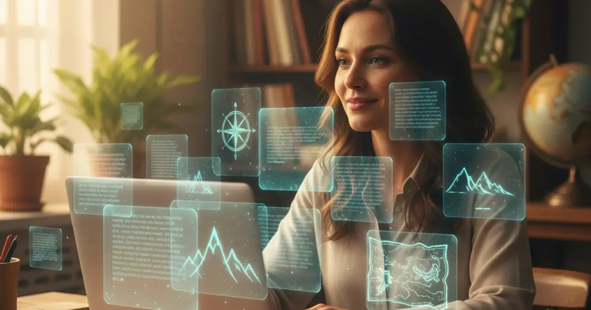 Language teacher at a desk with holographic adventure story text floating around a laptop screen