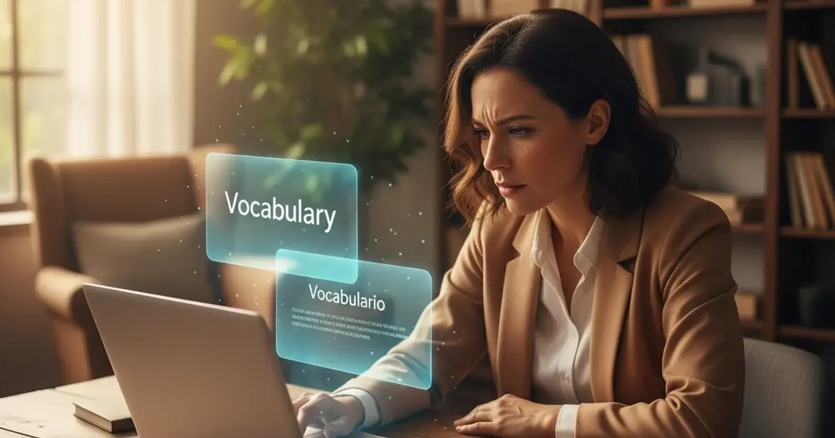 Language teacher evaluating AI-generated vocabulary flashcards displayed above her laptop, with the English word Vocabulary and its Spanish translation Vocabulario
